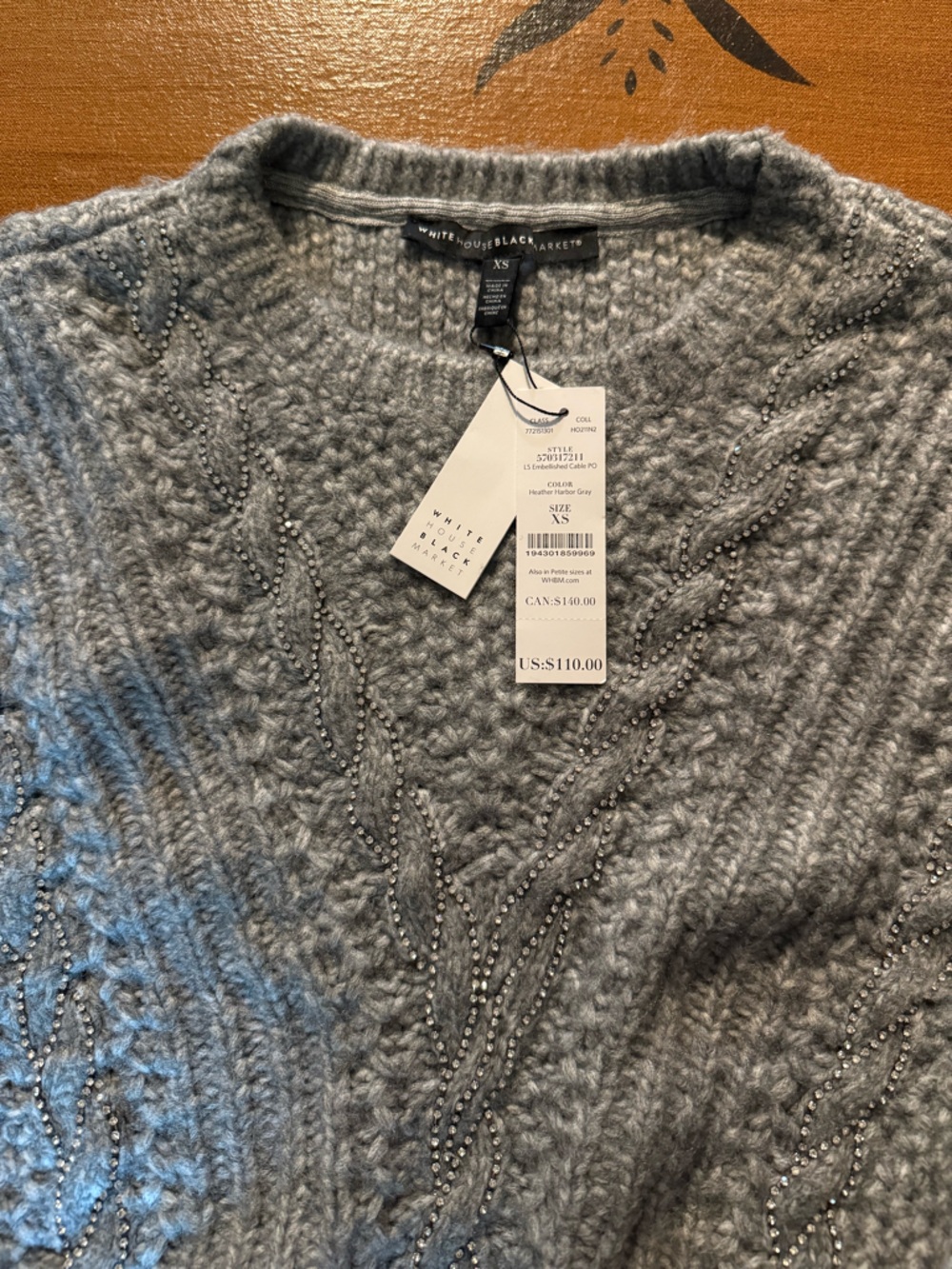 White House Black Market Gray Beaded Cable-Knit Crew Sweater NWT